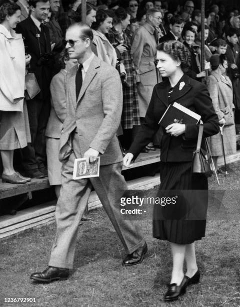 Queen Elizabeth II and Prince Philip, Duke of Edinburgh leave after attending the Badminton Horse Trials at Badminton, Gloucester on April 24, 1953.