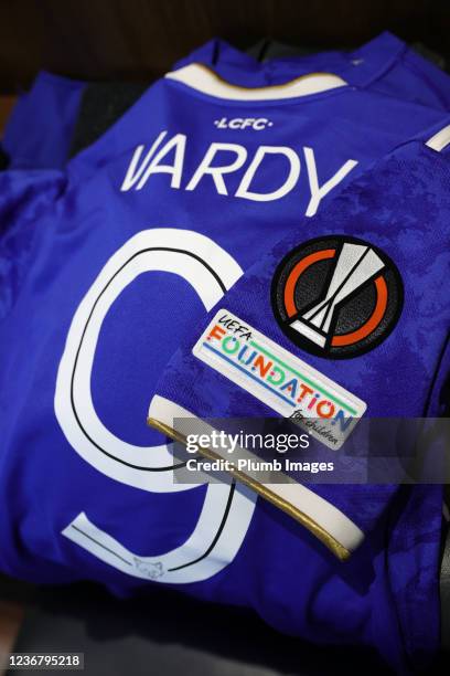 Jamie Vardy of Leicester Citys shirt with UEFA badges during the UEFA Europa League group C match between Leicester City and Legia Warsaw at...