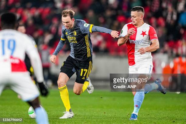 Fredrik Aursnes of Feyenoord, Tomas Holes of Slavia Pragued during the Conference League match between Slavia Prague and Feyenoord at Eden Arena on...