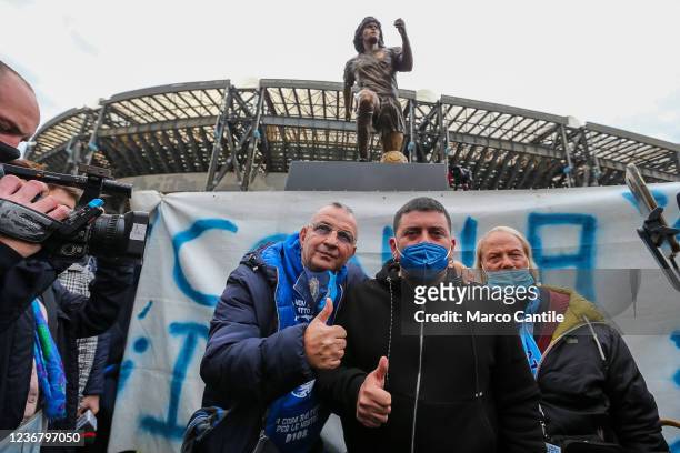 Maradona's son, Diego Armando Maradona junior , poses for a photo in front of the statue of Diego Armando Maradona, in front of the Diego Armando...