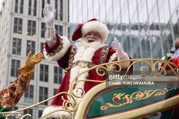 Santa Claus is seen during the Macy's Thanksgiving Day Parade in New York City, New York on November 25, 2021. - This year marks the 95th annual...