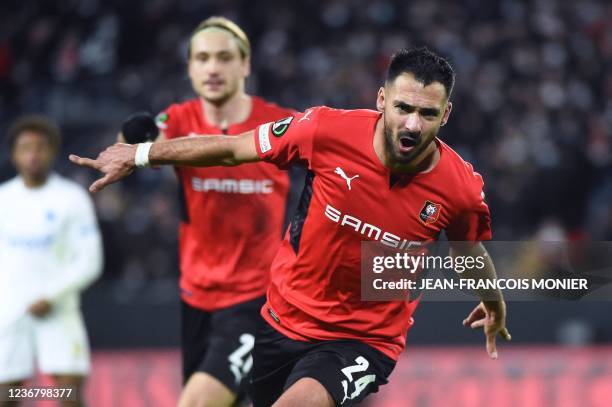 Rennes' French forward Gaetan Laborde reacts after scoring his third goal during the UEFA Europa Conference League group G football match between...