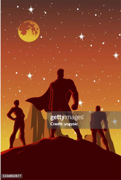 vector superhero team silhouette at night stock illustration - three people stock illustrations