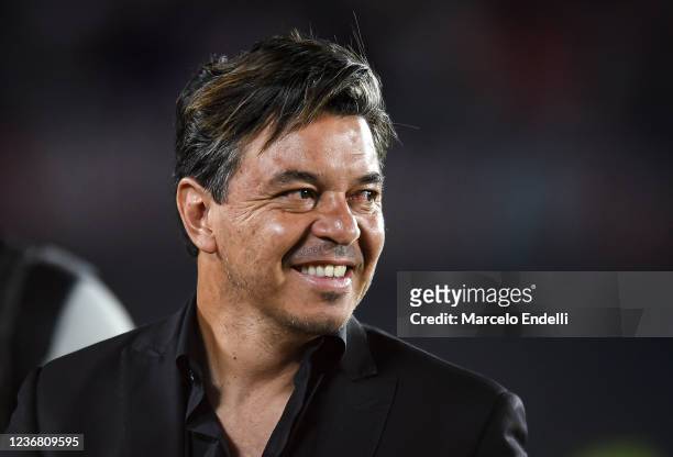 Marcelo Gallardo coach of River Plate celebrates becoming champions of the Torneo Liga Profesional 2021 after a match against Racing Club at Estadio...