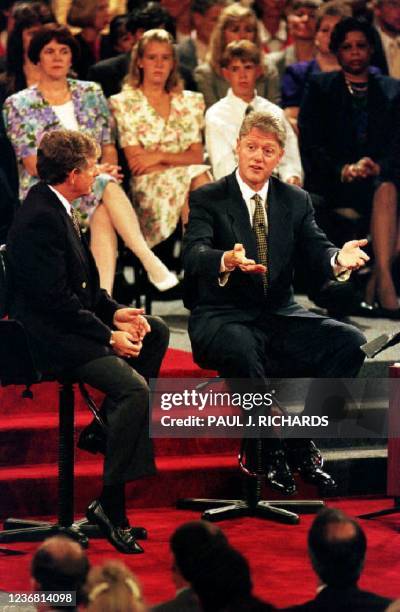 President Bill Clinton participates in a town meeting at Tampa Bay Performing Arts Center in Florida 23 September 1993 hosted by Ted Koppel . Clinton...