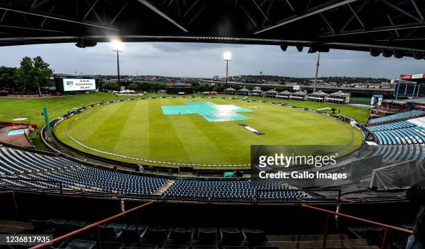 Covers on as the rain pours during the Betway ODI Series, 1st ODI match between South Africa and Netherlands at SuperSport Park on November 26, 2021...