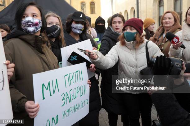 Journalists who are not part of 30 reporters invited to the press marathon of President of Ukraine Volodymyr Zelenskyy hold a protest action, Kyiv,...