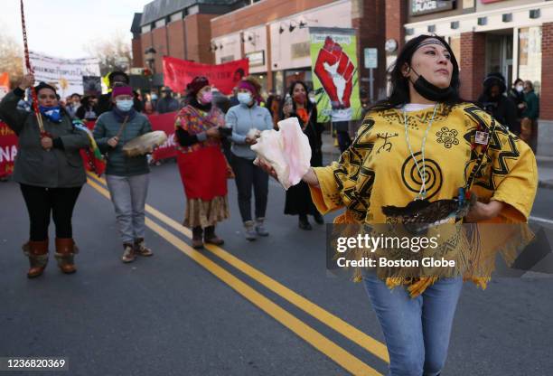 Plymouth, MA Chalinaru Dones, a member of the Taino Boriken, dances during the annual National Day of Mourning march in Plymouth, MA on November 25,...