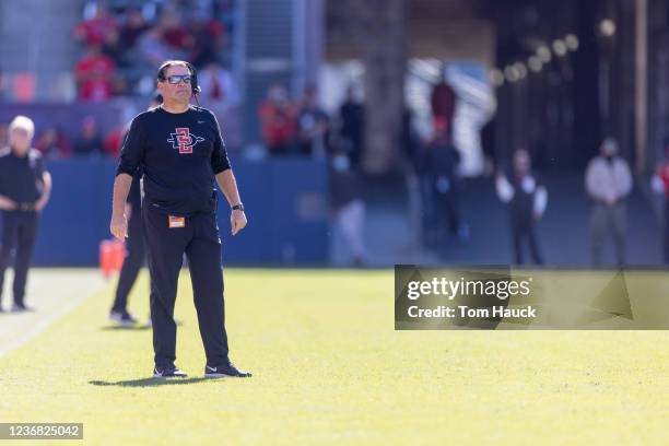 Brady Hoke head coach of the San Diego State Aztecs stands on the sidelines against the Boise State Broncos on November 26, 2021 at Dignity Health...