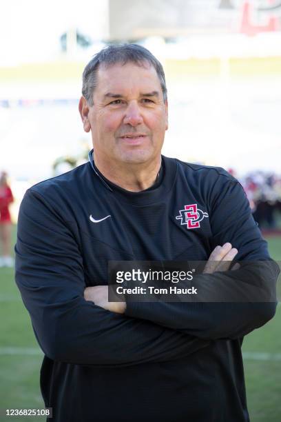 Brady Hoke head coach of the San Diego State Aztecs stands on the sidelines against the Boise State Broncos on November 26, 2021 at Dignity Health...