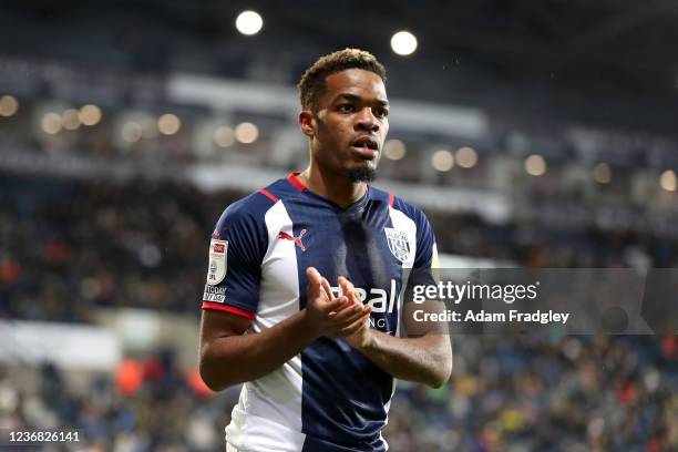 Grady Diangana of West Bromwich Albion applauds the West Bromwich Albion Fans as he is substituted during the Sky Bet Championship match between West...