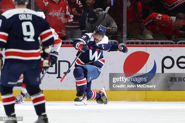 Alex Ovechkin of the Washington Capitals celebrates a second period goal against the Florida Panthers at Capital One Arena on November 26, 2021 in...