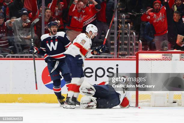 Alex Ovechkin of the Washington Capitals celebrates a second period goal against the Florida Panthers at Capital One Arena on November 26, 2021 in...