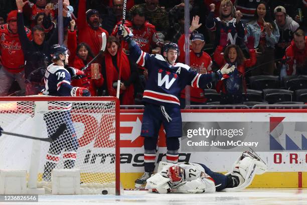 Tom Wilson of the Washington Capitals celebrates a goal during a game against the Florida Panthers at Capital One Arena on November 26, 2021 in...