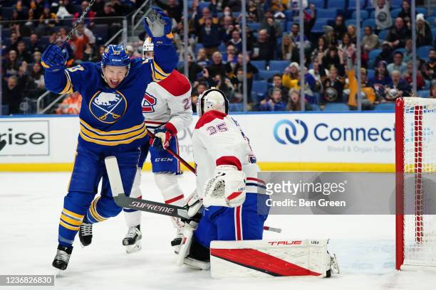 Jeff Skinner reacts to a goal scored by Tage Thompson of the Buffalo Sabres during an NHL game against the Montreal Canadiens on November 26, 2021 at...