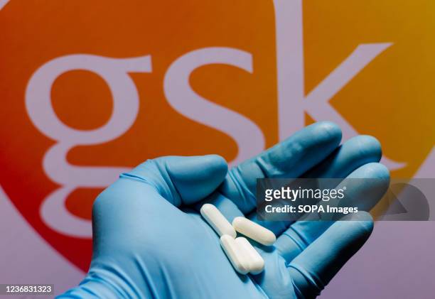 In this photo illustration a GlaxoSmithKline logo is seen on a screen and a hand holding pills.