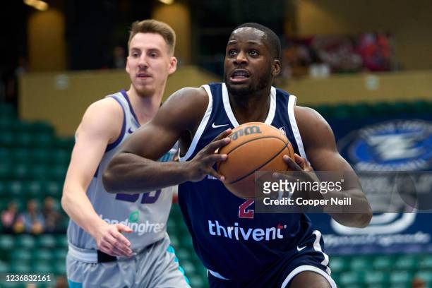 Texas Legends forward Eugene Omoruyi drives to the basket against the Greensboro Swarm on November 26, 2021 at Comerica Center in Frisco, Texas. NOTE...