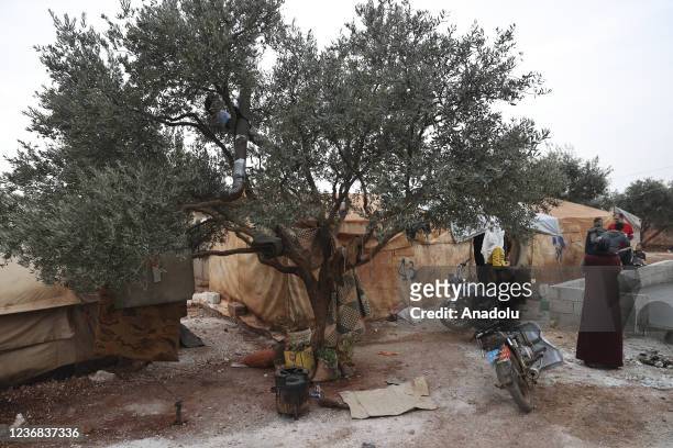 Syrians are seen as they live in makeshift tents amid olive trees at Tubaa refugee camp in Killi village of Idlib, Syria on November 26, 2021. Tubaa...
