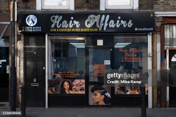 Hair Affairs beauty and hair salon which specialises in Afro and European styling in Dalston on 23rd November 2021 in East London, United Kingdom....