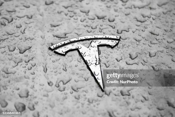 Raindrops are seen on the logo of Tesla car in Milan, Italy on November 25, 2021.