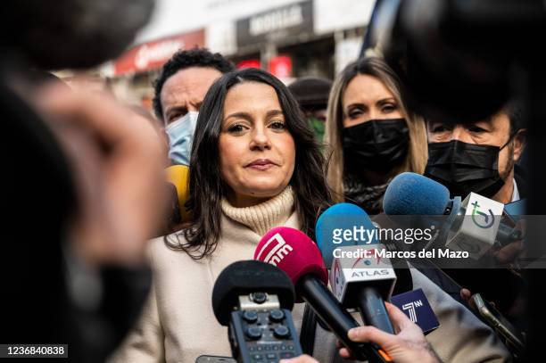 Ines Arrimadas, president of Ciudadanos party, speaks to the press supporting a demonstration where thousands of police officers and civil guards...