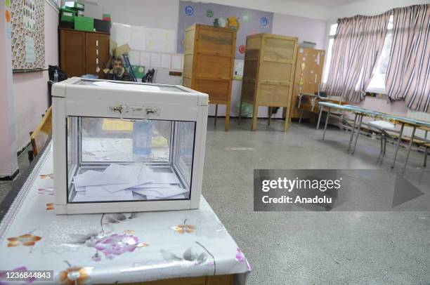 Ballot boxes are seen at a primary school as voting in Algeriaâs early local elections kicked off to elect members of municipal and provincial...