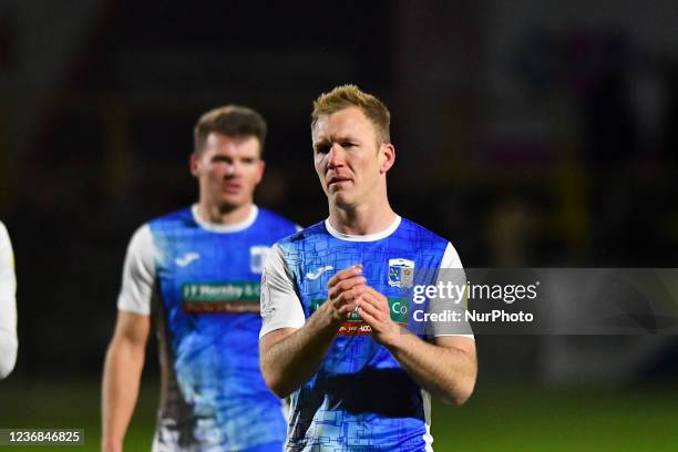 Mark Ellis of Barrow applauds the fans after the Sky Bet League 2 match between Sutton United and Barrow at the Knights Community Stadium, Gander...