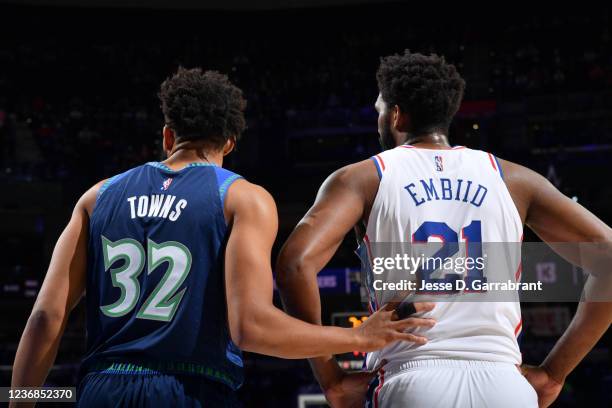 Karl-Anthony Towns of the Minnesota Timberwolves plays defense against Joel Embiid of the Philadelphia 76ers on November 27, 2021 at Wells Fargo...