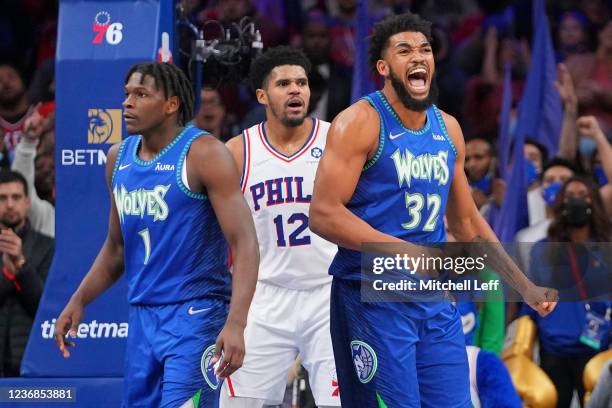 Karl-Anthony Towns of the Minnesota Timberwolves reacts after fouling out against the Philadelphia 76ers in the second half at the Wells Fargo Center...