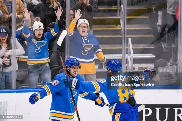 St. Louis Blues left wing Pavel Buchnevich celebrates his goal with St. Louis Blues center Robert Thomas during a game between the Columbus Blue...