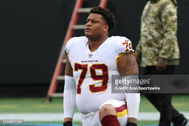 Ereck Flowers offensive guard of Washington during an NFL football game between the Washington Football Team and the Carolina Panthers on November 21...