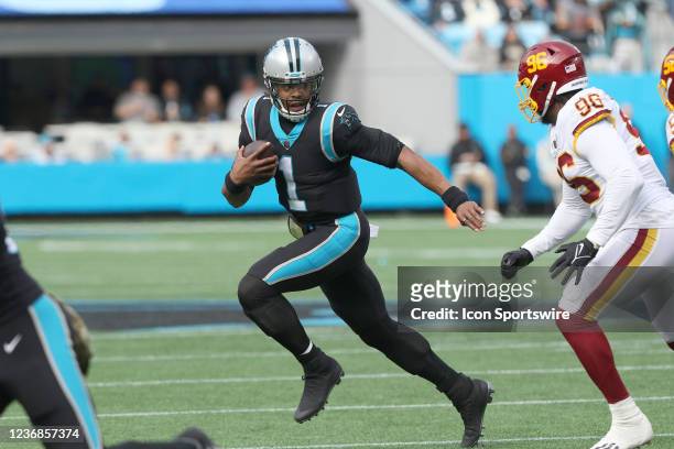 Cam Newton quarterback of Carolina during an NFL football game between the Washington Football Team and the Carolina Panthers on November 21 at Bank...