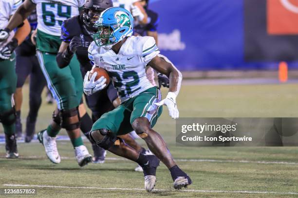 Tulane Green Wave running back Tyjae Spears cuts back during the game between the Memphis Tigers and the Tulane Green Wave on November 27 at The...