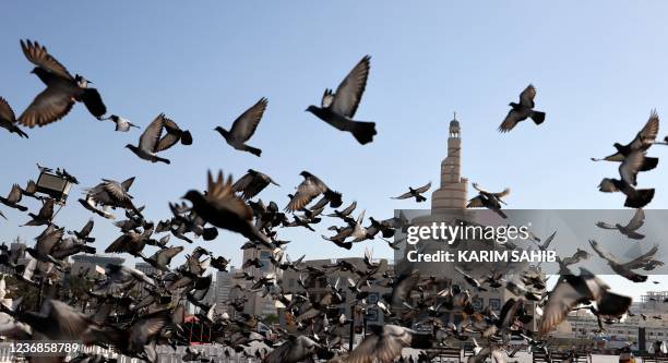 Birds fly in front of the Grand Mosque in the main square of Doha's Souq Waqef in the capital of the Gulf emirate of Qatar on November 28, 2021.