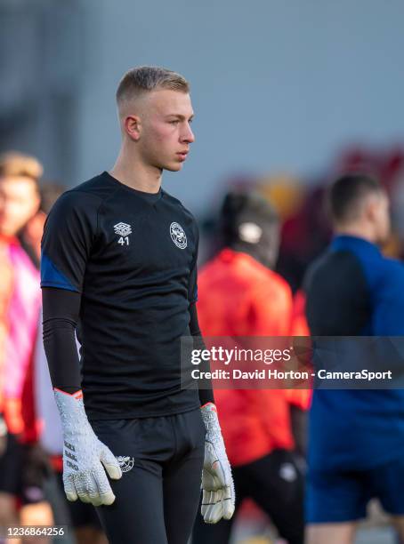 Brentford's Matthew Cox during the pre-match warm-upduring the Premier League match between Brentford and Everton at Brentford Community Stadium on...