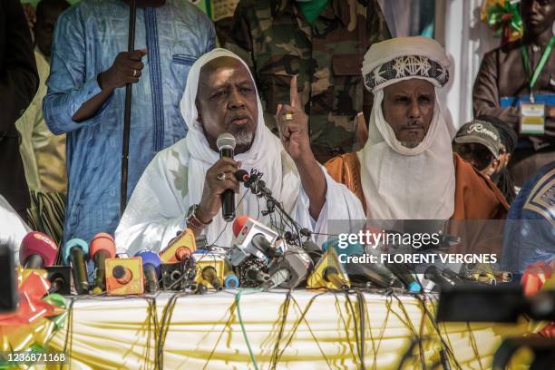 Malian influential imam Mahmoud Dicko speaks during a public meeting in a rare public appearance in Bamako on November 28, 2021. - An influential...