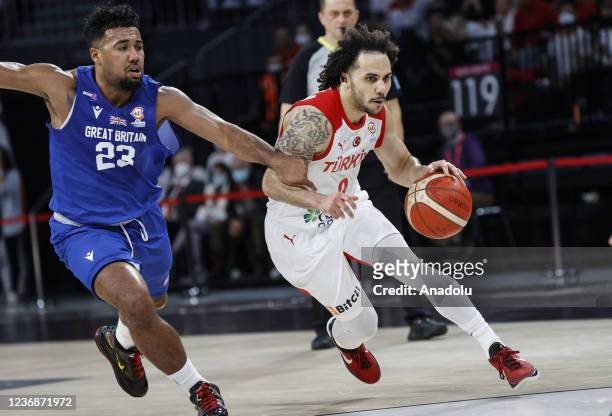 Shane Larkin of Turkey in action against Dwayne Lautier-Ogunleye of Great Britain during 2023 FIBA Basketball qualifying group B match between Turkey...