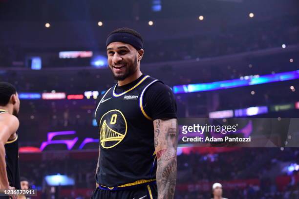 Gary Payton II of the Golden State Warriors smiles during the game against the LA Clippers on November 28, 2021 at STAPLES Center in Los Angeles,...