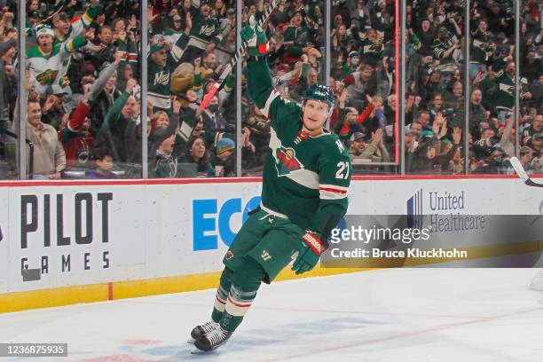 Nick Bjugstad of the Minnesota Wild celebrates after scoring a goal against the Tampa Bay Lightning during the game at the Xcel Energy Center on...