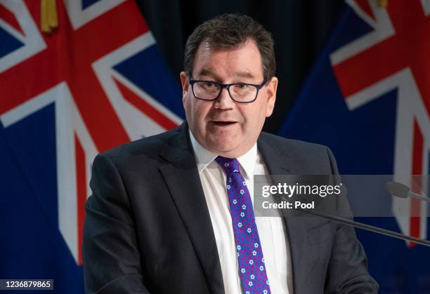 Deputy Prime Minister Grant Robertson speaks at a post-Cabinet press conference with Prime Minister Jacinda Ardern and director general of health Dr...