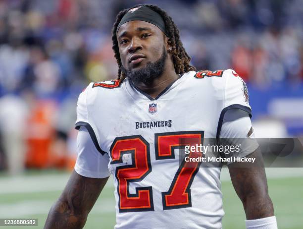Ronald Jones of the Tampa Bay Buccaneers is seen following the game against the Indianapolis Colts at Lucas Oil Stadium on November 28, 2021 in...