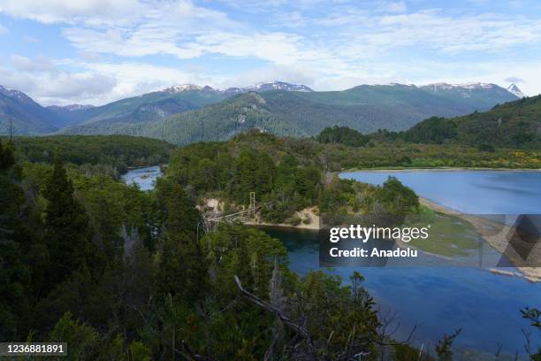 View from the entrance of Los Alerces National Park located in the Andes in Chubut Province in the Patagonian region of Argentina on November 29,...