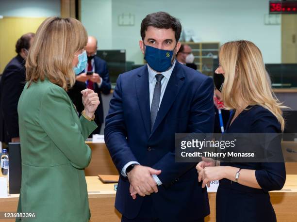 Spanish Education minister Maria del Pilar Alegria Continente speaks with Portugal counterpart Tiago Brandao Rodrigues an the Maltese Minister for...