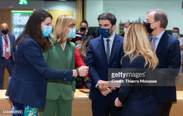 Slovenian Minister of Education, Science and Sport, President of the Council Simona Kustec talks with the Spanish Education minister Maria del Pilar...