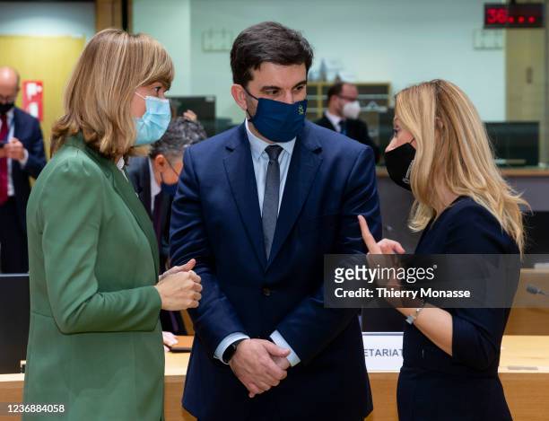 Spanish Education minister Maria del Pilar Alegria Continente speaks with Portugal counterpart Tiago Brandao Rodrigues an the Maltese Minister for...