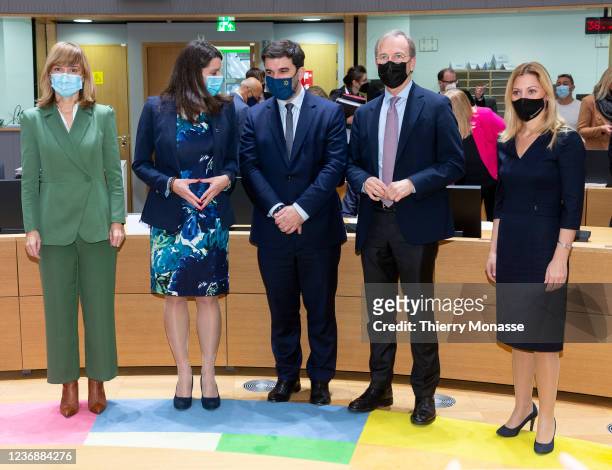 Spanish Education minister Maria del Pilar Alegria Continente is posing with the Slovenian Minister of Education, Science and Sport, President of the...