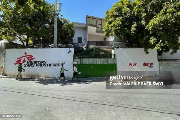 The facade of Doctors Without Borders' "Pran men'm" clinic is pictured in Delmas 33 comune, Port-au-Prince on November 19, 2021. - As the rising...