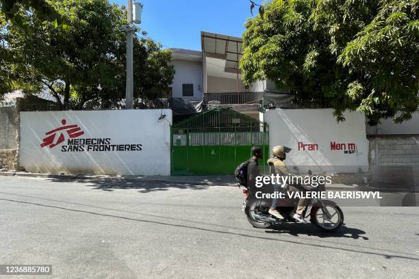 The facade of Doctors Without Borders' "Pran men'm" clinic is pictured in Delmas 33 comune, Port-au-Prince on November 19, 2021. - As the rising...