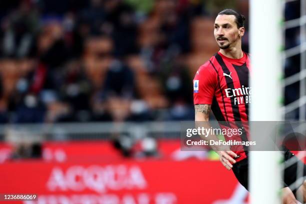Zlatan Ibrahimovic of AC Milan look on during the Serie A match between AC Milan and US Sassuolo at Stadio Giuseppe Meazza on November 28, 2021 in...