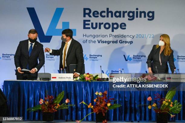 The presidents of the Visegrad Four countries, Polish President Andrzej Duda, Hungarian President Janos Ader and Slovakia's President Zuzana Caputova...